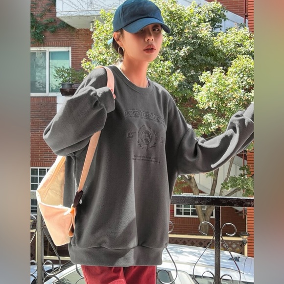 DAZY Slogan Embroidery Drop Shoulder Fleece Sweatshirt - Picture 6 of 7